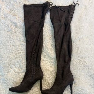 Dark Grey Lace-Up Back Thigh-High Boots